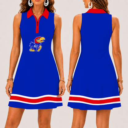 [FAN FAVORITE] NEW CUSTOMIZED NCAA MAM01 KSJ KANSAS JAYHAWKS STRAPPY WOMEN'S ZIP SLEEVELESS POLO DRESS