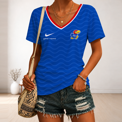 [FAN FAVORITE] NEW CUSTOMIZED NCAA MAM01 KSJ KANSAS JAYHAWKS STRAPPY V-NECK FEMALE SHIRT