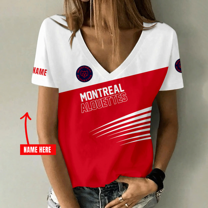 [FAN EXCLUSIVE] NEW CUSTOMIZED CFL01 MTL MONTREAL ALOUETTES STRAPPY V-NECK FEMALE SHIRT