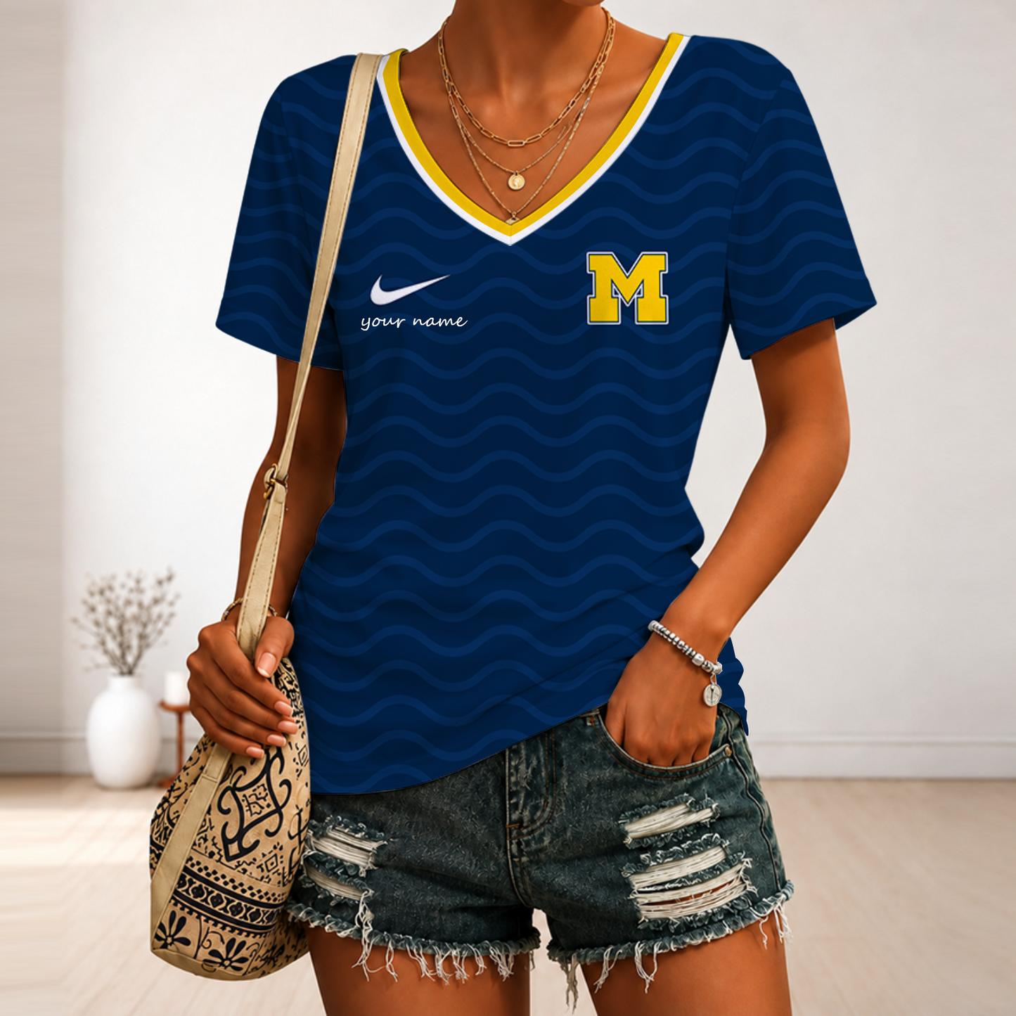 [FAN FAVORITE] NEW CUSTOMIZED NCAA MAM02 MIW MICHIGAN WOLVERINES STRAPPY V-NECK FEMALE SHIRT