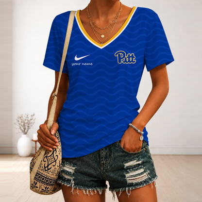 [FAN FAVORITE] NEW CUSTOMIZED NCAA FBS02 PIP PITTSBURGH PANTHERS V-NECK FEMALE SHIRT