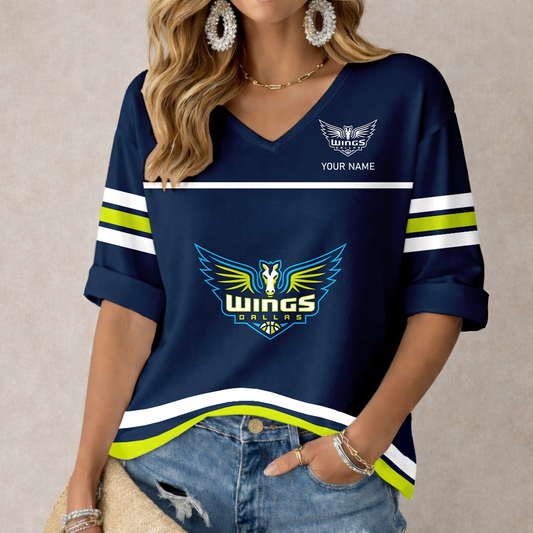 LIMITED EDITION - NEW CUSTOMIZED WNBA04 DLW DA WINGS  WOMEN'S HEART V-NECK LONG SLEEVE SHIRT