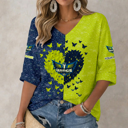 LIMITED EDITION - NEW CUSTOMIZED WNBA04 DLW DA WINGS  WOMEN'S HEART V-NECK LONG SLEEVE SHIRT
