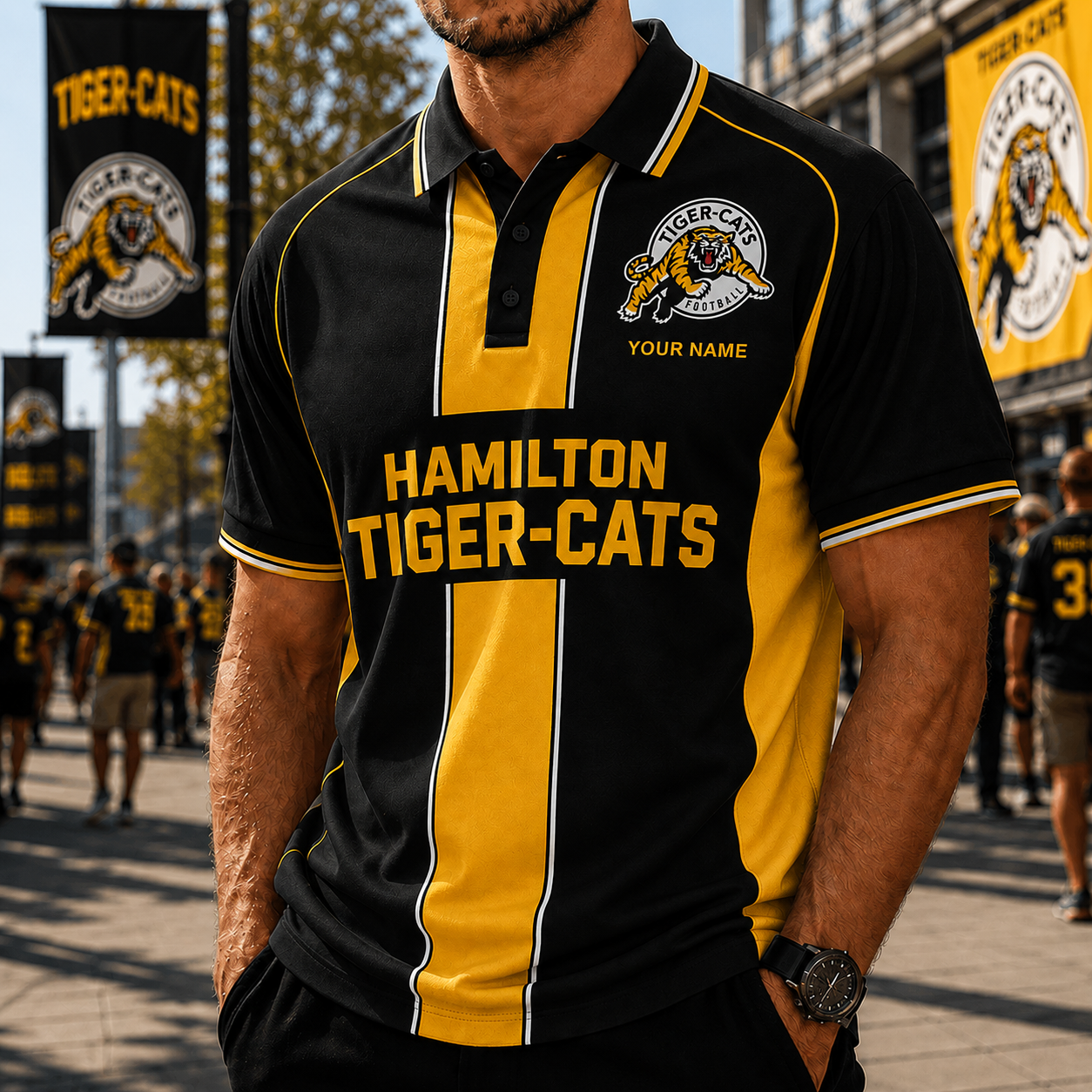 [FAN EXCLUSIVE] NEW CUSTOMIZED CFL04 HAM HAMILTON TIGER-CATS STRAPPY POLO SHIRT