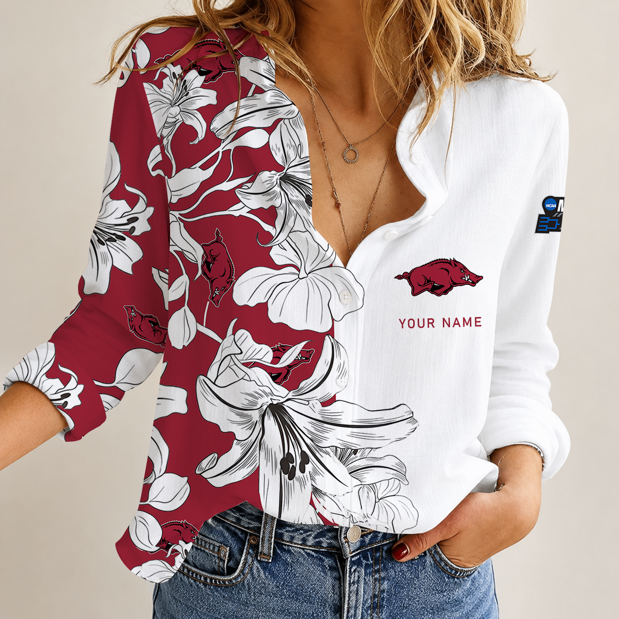 [FAN FAVORITE] NEW CUSTOMIZED NCAA MAM06 AKR ARKANSAS RAZORBACKS STRAPPY WOMEN CASUAL SHIRT