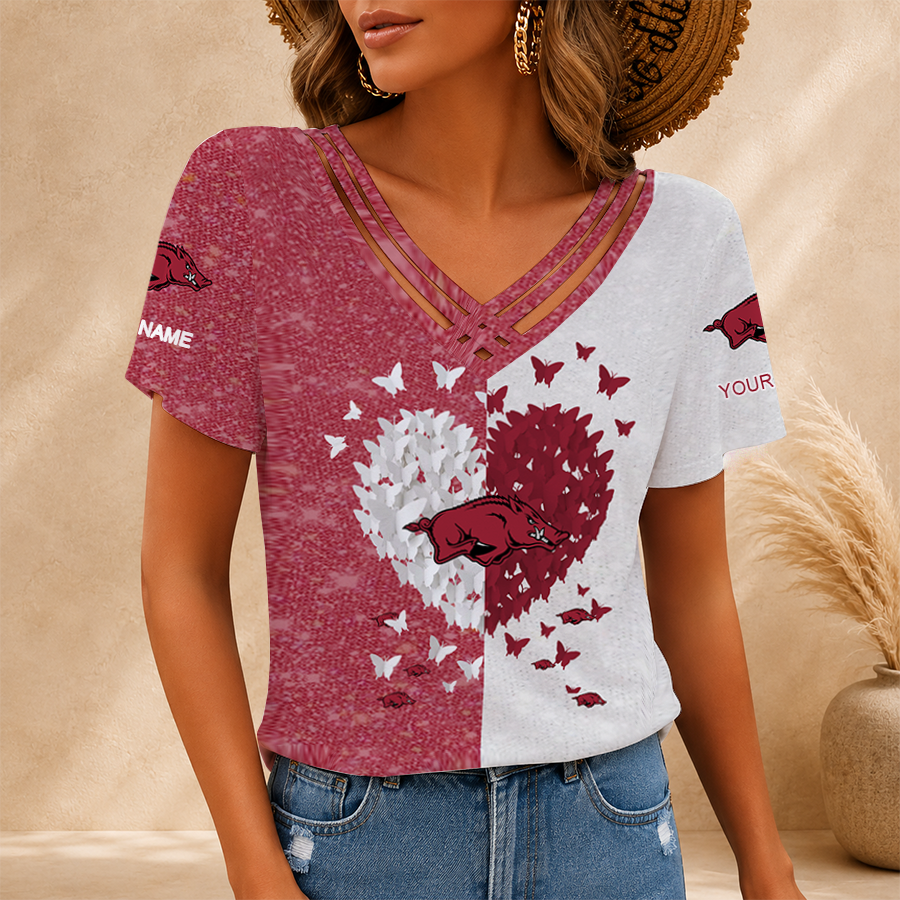 [FAN FAVORITE] NEW CUSTOMIZED NCAA MAM06 AKR ARKANSAS RAZORBACKS V-NECK SHIRT