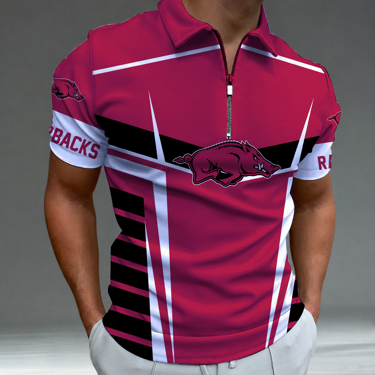 [FAN FAVORITE] NEW CUSTOMIZED NCAA MAM06 AKR ARKANSAS RAZORBACKS STRAPPY POLO SHIRT