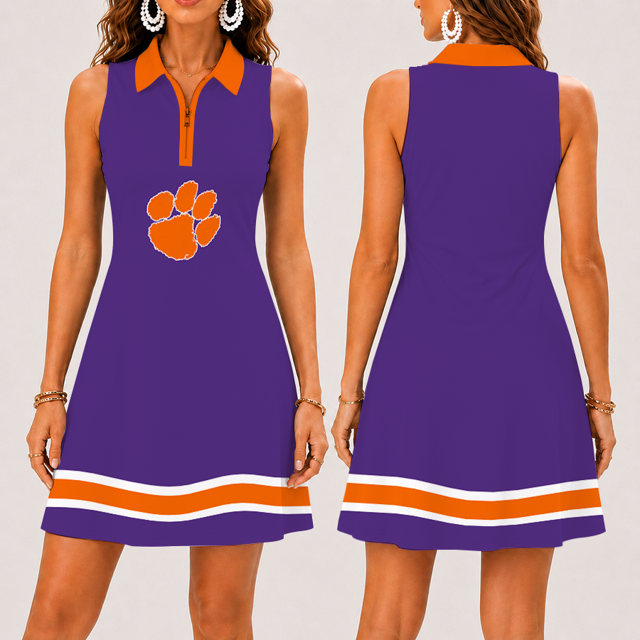 [FAN FAVORITE] NEW CUSTOMIZED NCAA FBS07 CST CLEMSON TIGERS WOMEN'S ZIP SLEEVELESS POLO DRESS
