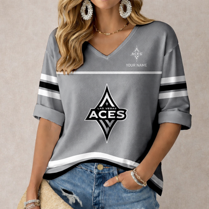 LIMITED EDITION - NEW CUSTOMIZED WNBA07 LVA LV ACES  WOMEN'S HEART V-NECK LONG SLEEVE SHIRT