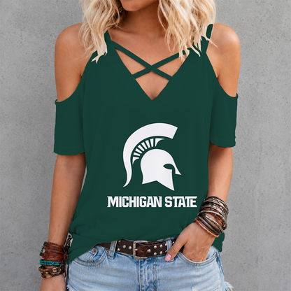 [FAN FAVORITE] NEW CUSTOMIZED NCAA MAM07 MSS MICHIGAN STATE SPARTANS CRISS CROSS V-NECK TOP