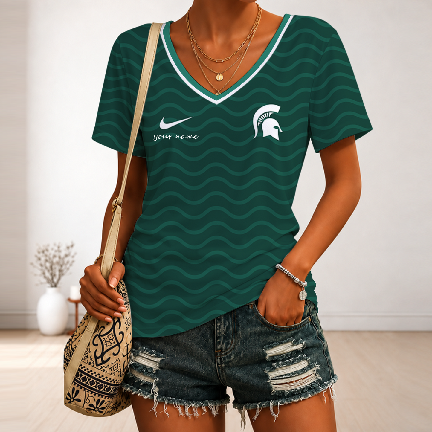 [FAN FAVORITE] NEW CUSTOMIZED NCAA MAM07 MSS MICHIGAN STATE SPARTANS STRAPPY V-NECK FEMALE SHIRT