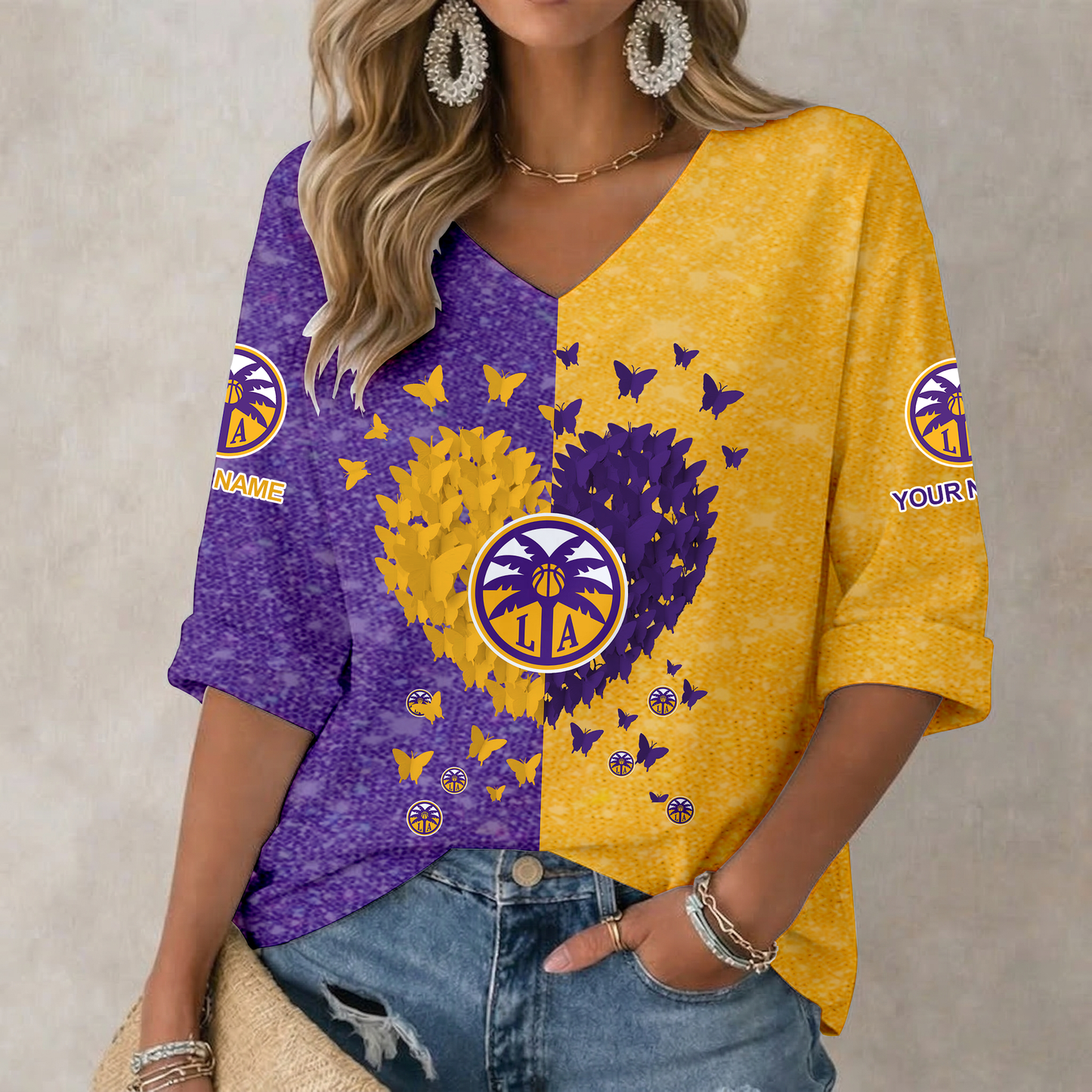 LIMITED EDITION - NEW CUSTOMIZED WNBA08 LAS LA SPARKS  WOMEN'S HEART V-NECK LONG SLEEVE SHIRT