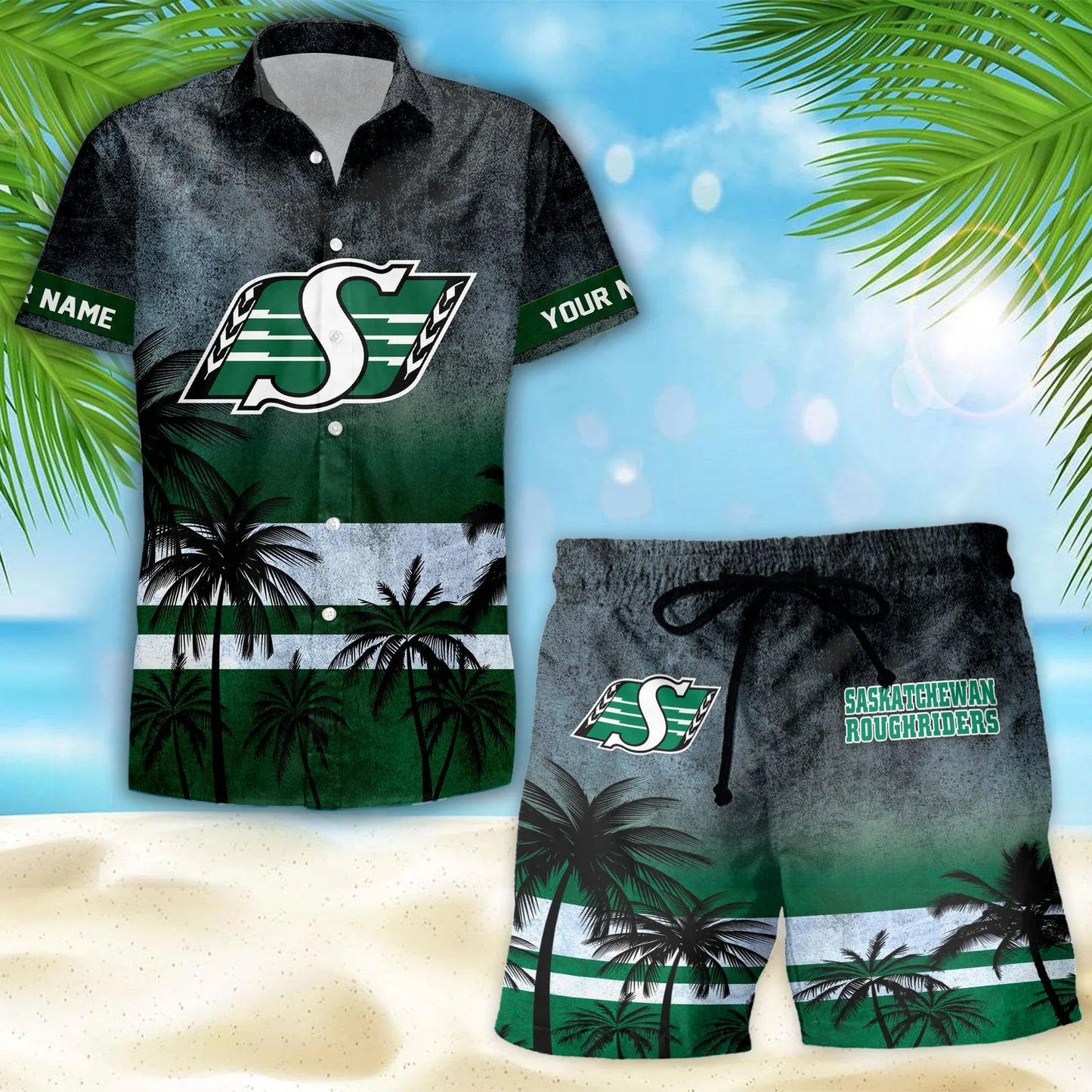 [FAN EXCLUSIVE] NEW CUSTOMIZED CFL08 SSK SASKATCHEWAN ROUGHRIDERS HAWAIIAN SHIRT & SHORTS SET