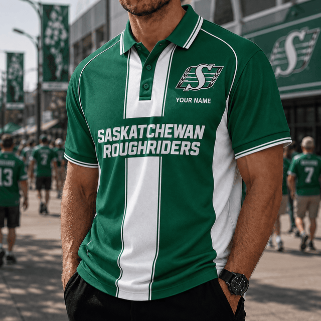 [FAN EXCLUSIVE] NEW CUSTOMIZED CFL08 SSK SASKATCHEWAN ROUGHRIDERS STRAPPY POLO SHIRT