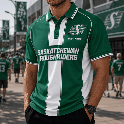 [FAN EXCLUSIVE] NEW CUSTOMIZED CFL08 SSK SASKATCHEWAN ROUGHRIDERS STRAPPY POLO SHIRT