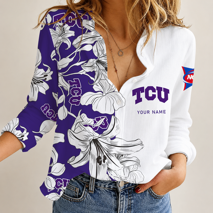 [FAN FAVORITE] NEW CUSTOMIZED NCAA FBS09 THF TCU HORNED FROGS WOMEN CASUAL SHIRT