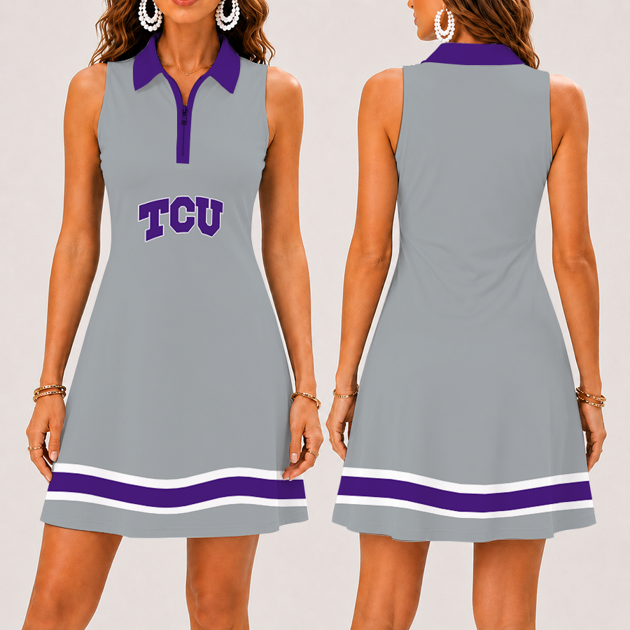 [FAN FAVORITE] NEW CUSTOMIZED NCAA FBS09 THF TCU HORNED FROGS WOMEN'S ZIP SLEEVELESS POLO DRESS