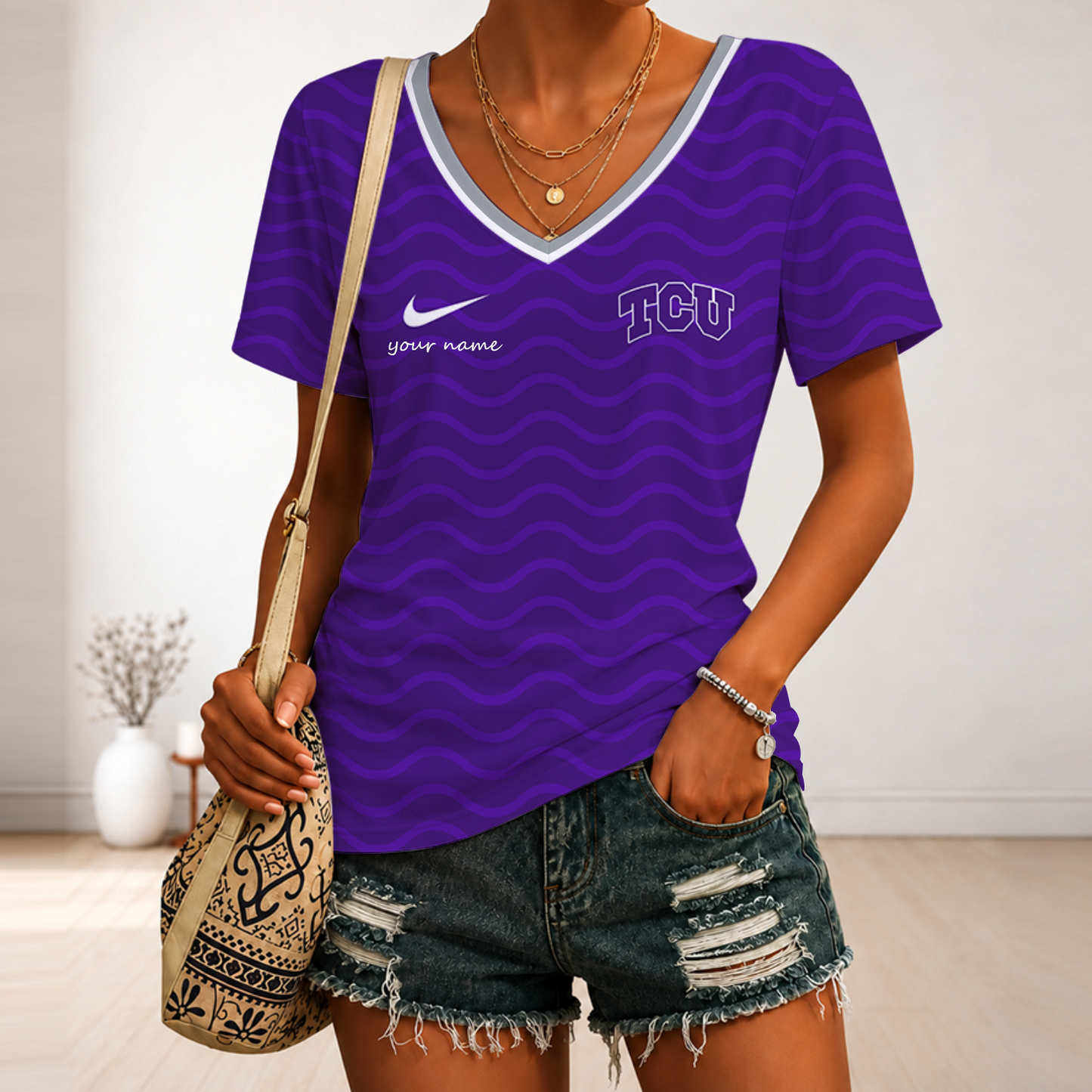 [FAN FAVORITE] NEW CUSTOMIZED NCAA FBS09 THF TCU HORNED FROGS V-NECK FEMALE SHIRT