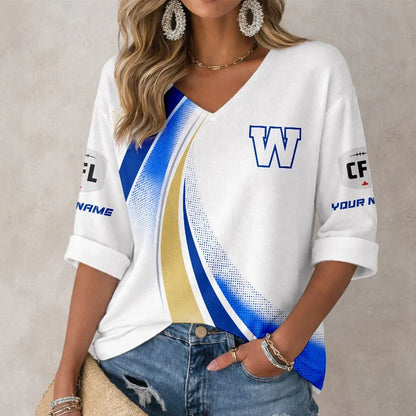 [FAN EXCLUSIVE] NEW CUSTOMIZED CFL09 WPG WINNIPEG BLUE BOMBERS WOMEN'S HEART V-NECK LONG SLEEVE SHIRT