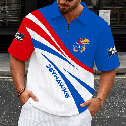 [FAN FAVORITE] NEW CUSTOMIZED NCAA MAM01 KSJ KANSAS JAYHAWKS QUARTER-ZIP POLO SHIRT