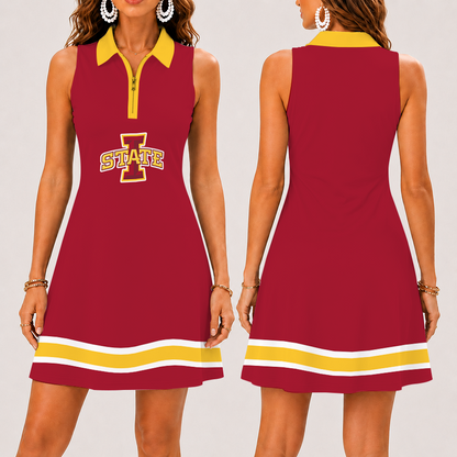 [FAN FAVORITE] NEW CUSTOMIZED NCAA MAM10 ISC IOWA STATE CYCLONES STRAPPY WOMEN'S ZIP SLEEVELESS POLO DRESS