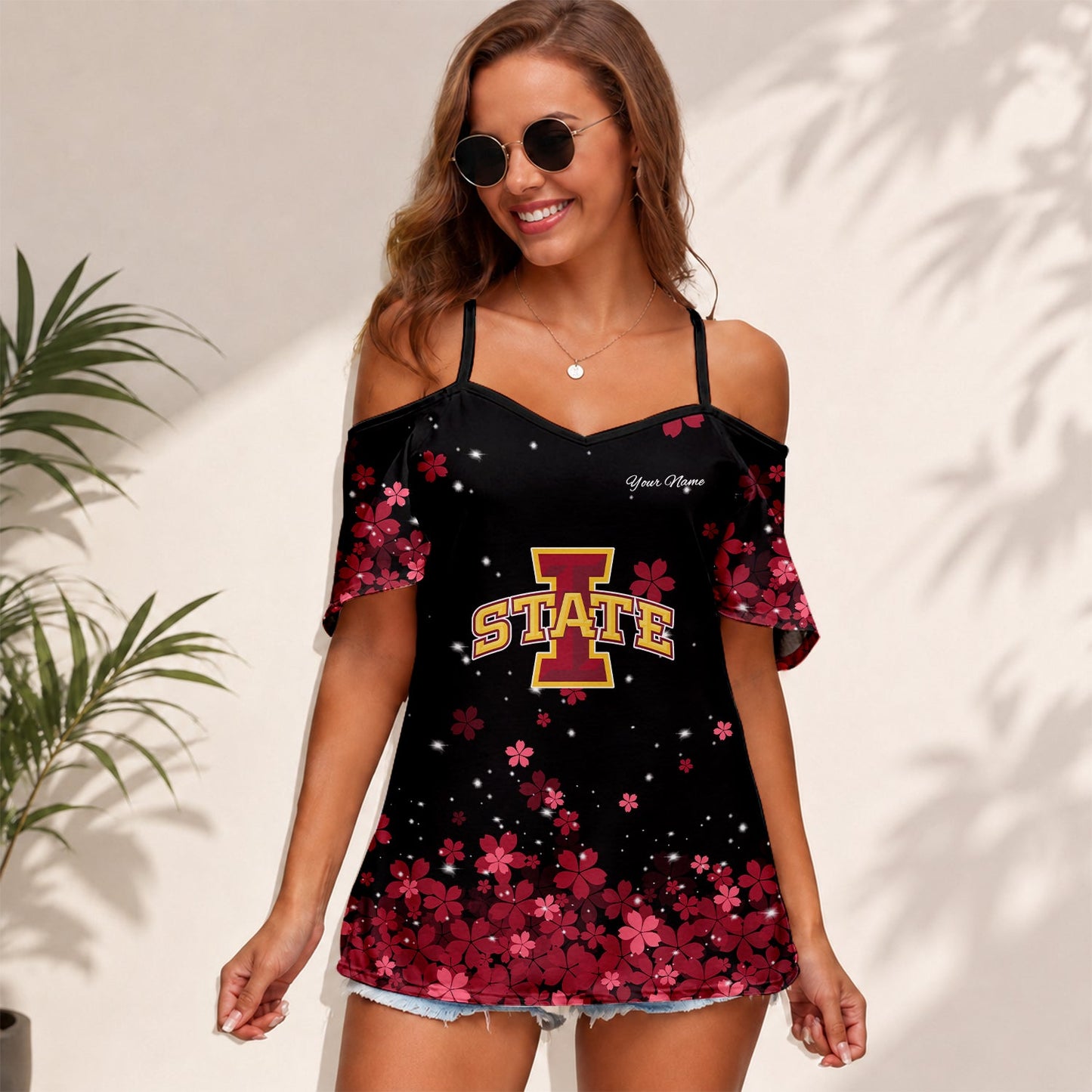 [FAN FAVORITE] NEW CUSTOMIZED NCAA MAM10 ISC IOWA STATE CYCLONES WOMEN'S STRAPPY OFF-SHOULDER TOP