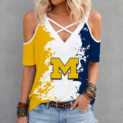 [FAN FAVORITE] NEW CUSTOMIZED NCAA CFH10 MIW MICHIGAN WOLVERINES CRISS CROSS V-NECK TOP