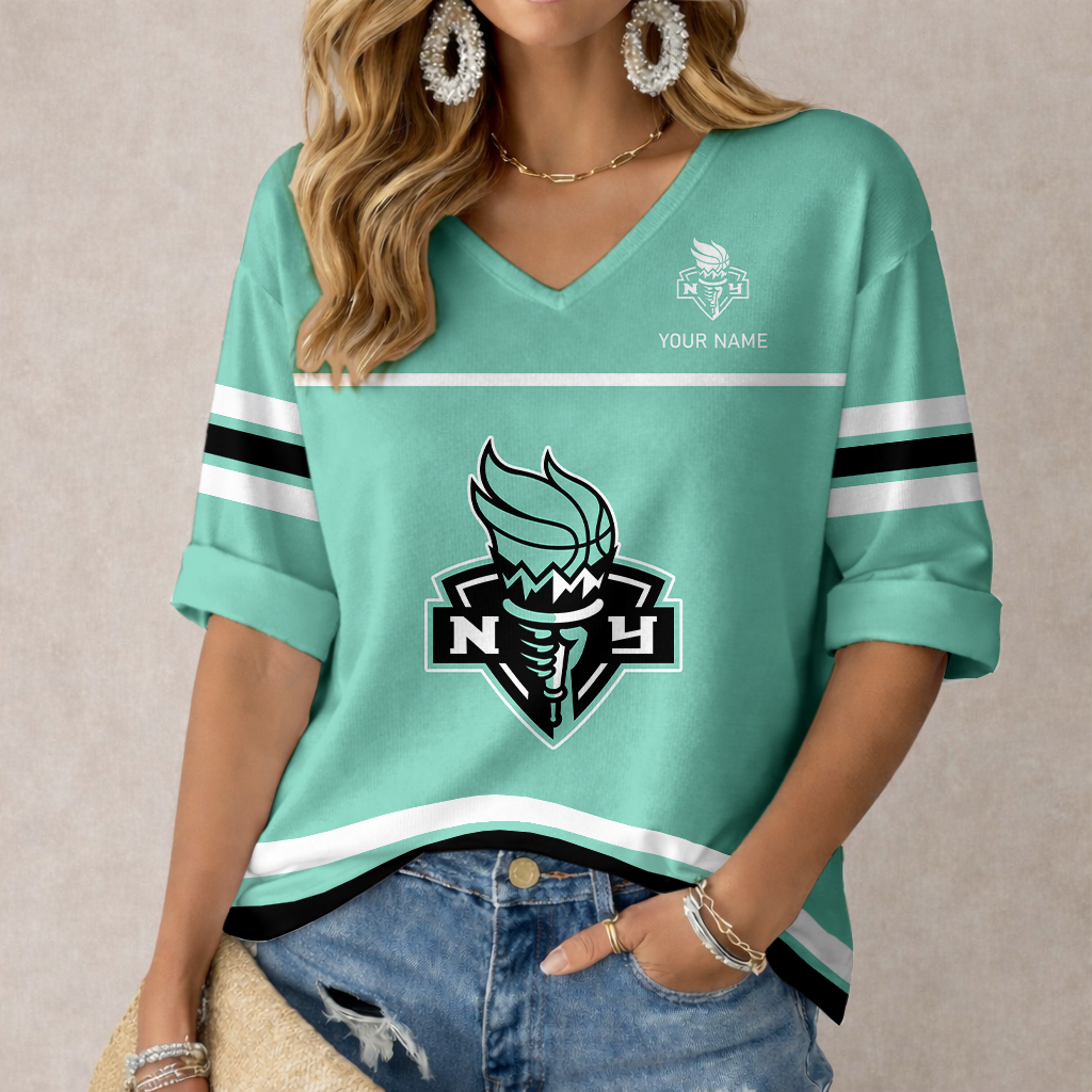 LIMITED EDITION - NEW CUSTOMIZED WNBA10 NYL NY LIBERTY  WOMEN'S HEART V-NECK LONG SLEEVE SHIRT