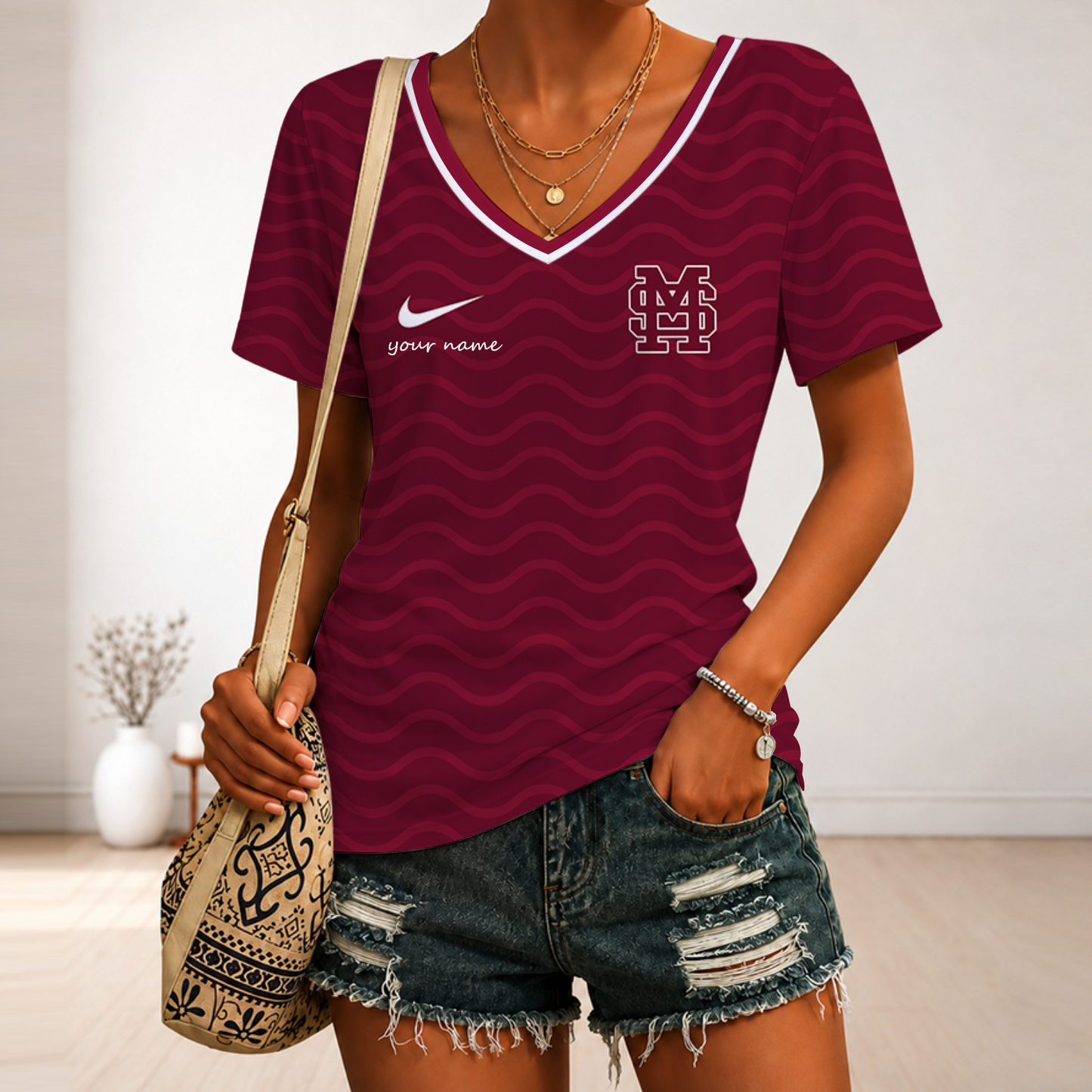 [FAN FAVORITE] NEW CUSTOMIZED NCAA CWS11 MSB MISSISSIPPI STATE BULLDOGS V-NECK FEMALE SHIRT