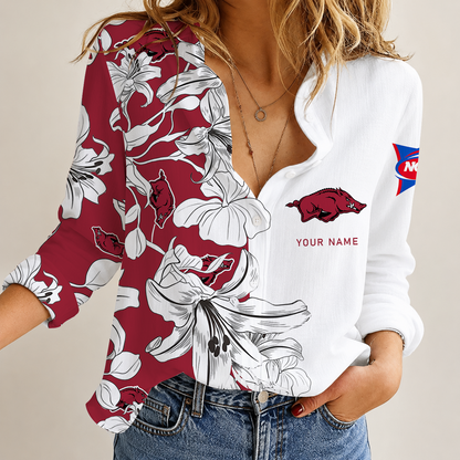 [FAN FAVORITE] NEW CUSTOMIZED NCAA FBS12 AKR ARKANSAS RAZORBACKS WOMEN CASUAL SHIRT