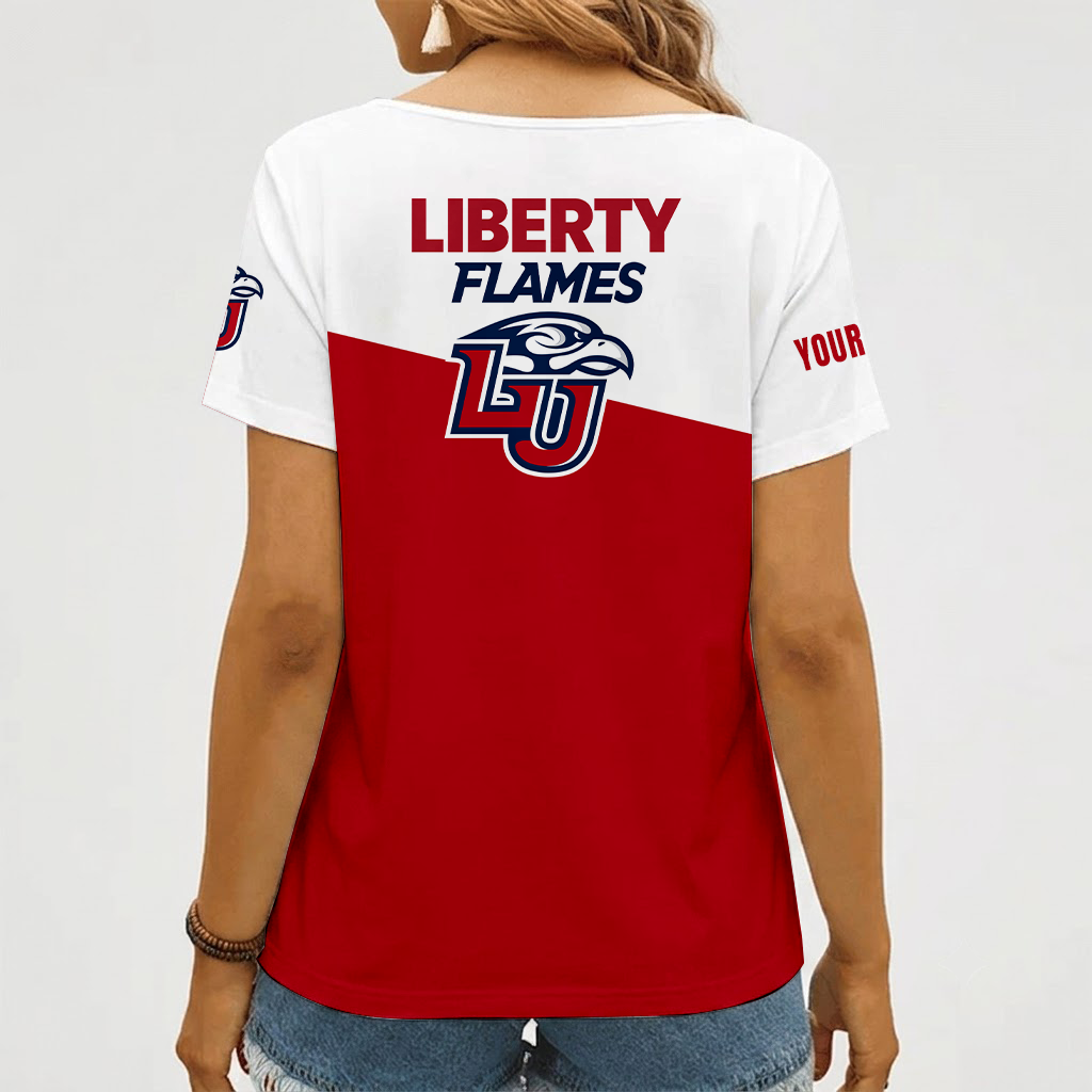 [FAN FAVORITE] NEW CUSTOMIZED NCAA CFH12 LIF LIBERTY FLAMES V-NECK FEMALE SHIRT