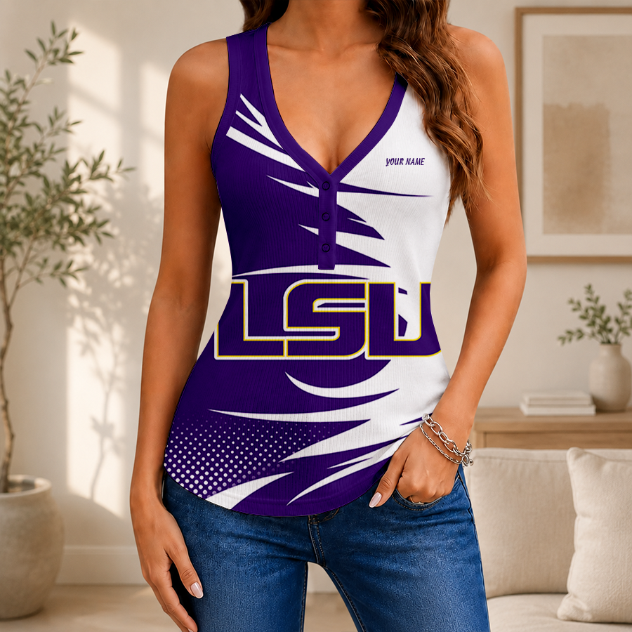 [FAN FAVORITE] NEW CUSTOMIZED NCAA MAM13 LST LSU TIGERS WOMEN'S V-NECK TANK TOP