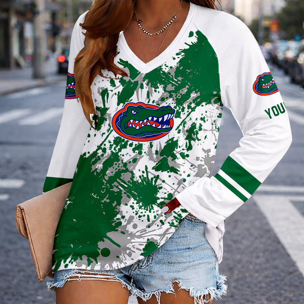 [FAN FAVORITE] NEW CUSTOMIZED NCAA MAM14 FLG FLORIDA GATORS WOMEN'S V-NECK LONG SLEEVED SHIRT