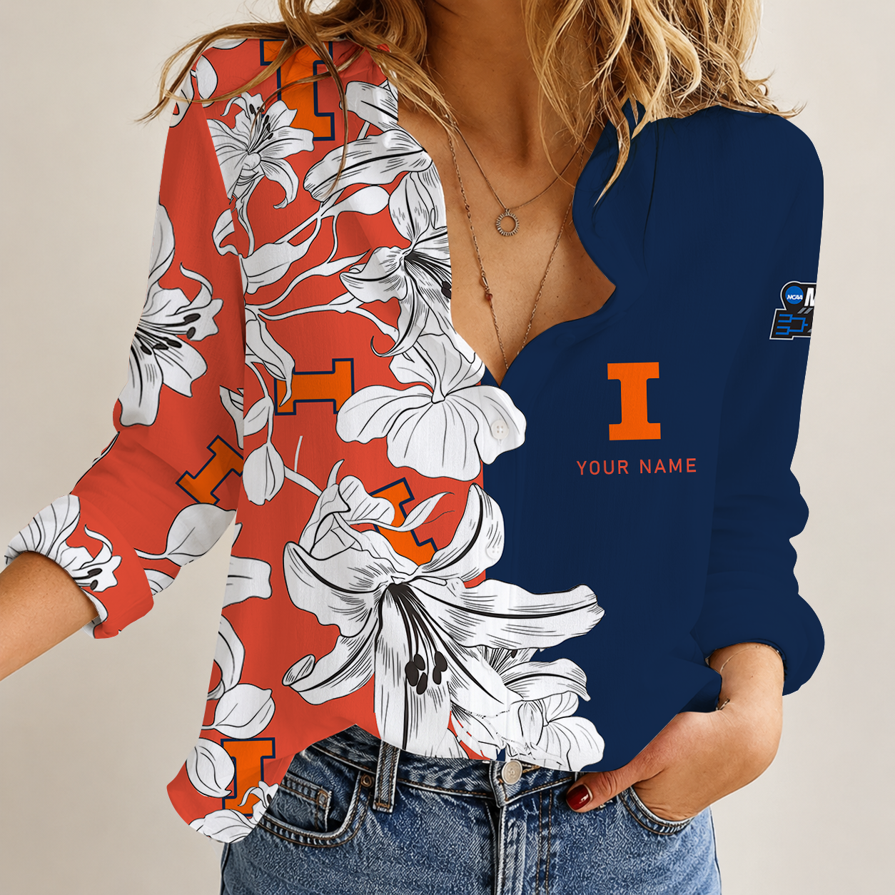 [FAN FAVORITE] NEW CUSTOMIZED NCAA MAM15 IFI ILLINOIS FIGHTING ILLINI STRAPPY WOMEN CASUAL SHIRT