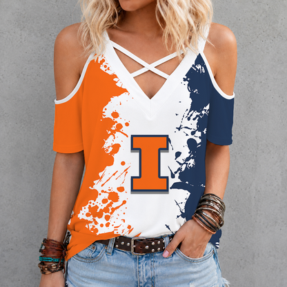[FAN FAVORITE] NEW CUSTOMIZED NCAA MAM15 IFI ILLINOIS FIGHTING ILLINI CRISS CROSS V-NECK TOP