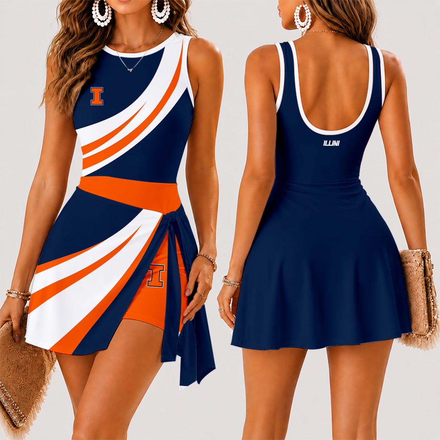 [FAN FAVORITE] NEW CUSTOMIZED NCAA MAM15 IFI ILLINOIS FIGHTING ILLINI WOMEN'S SUMMER SKORT DRESS