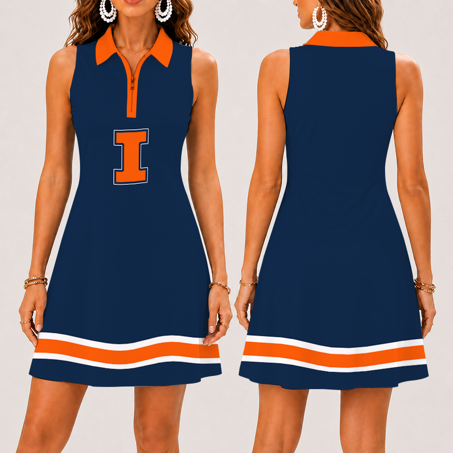 [FAN FAVORITE] NEW CUSTOMIZED NCAA MAM15 IFI ILLINOIS FIGHTING ILLINI STRAPPY WOMEN'S ZIP SLEEVELESS POLO DRESS