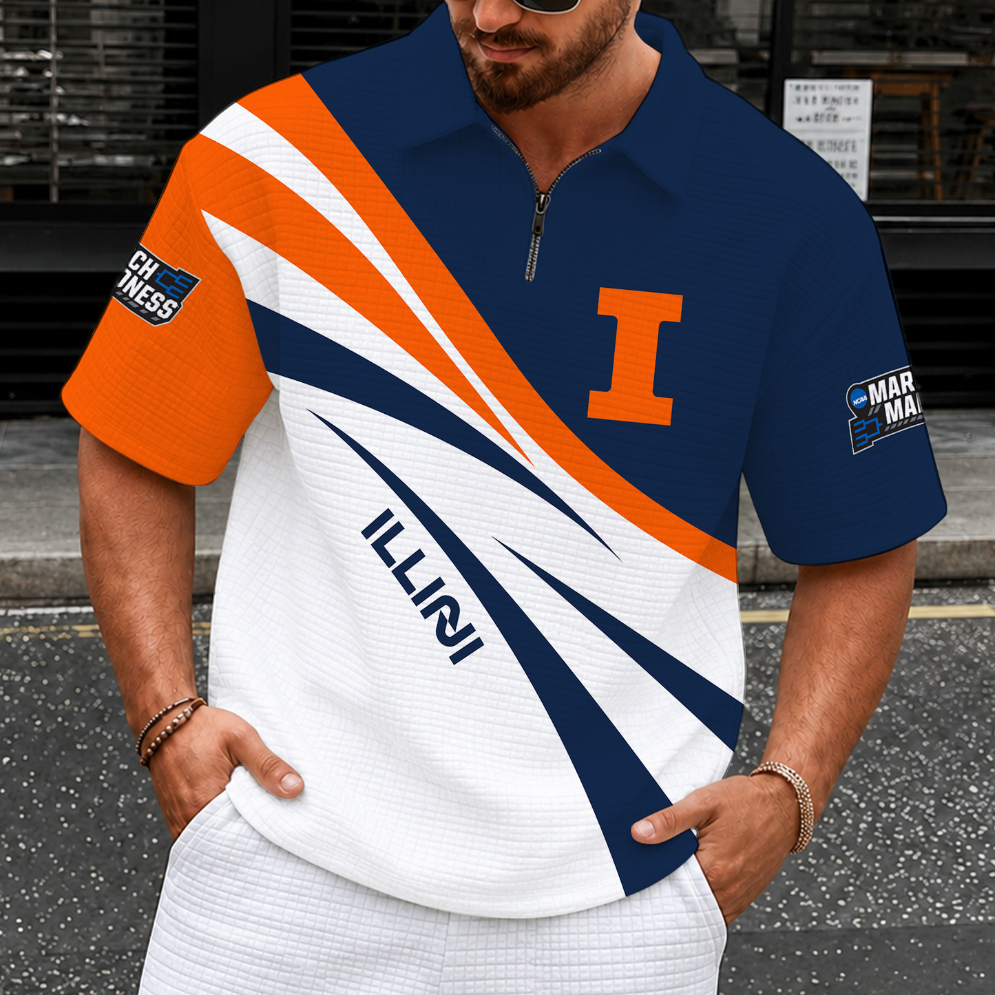 [FAN FAVORITE] NEW CUSTOMIZED NCAA MAM15 IFI ILLINOIS FIGHTING ILLINI QUARTER-ZIP POLO SHIRT