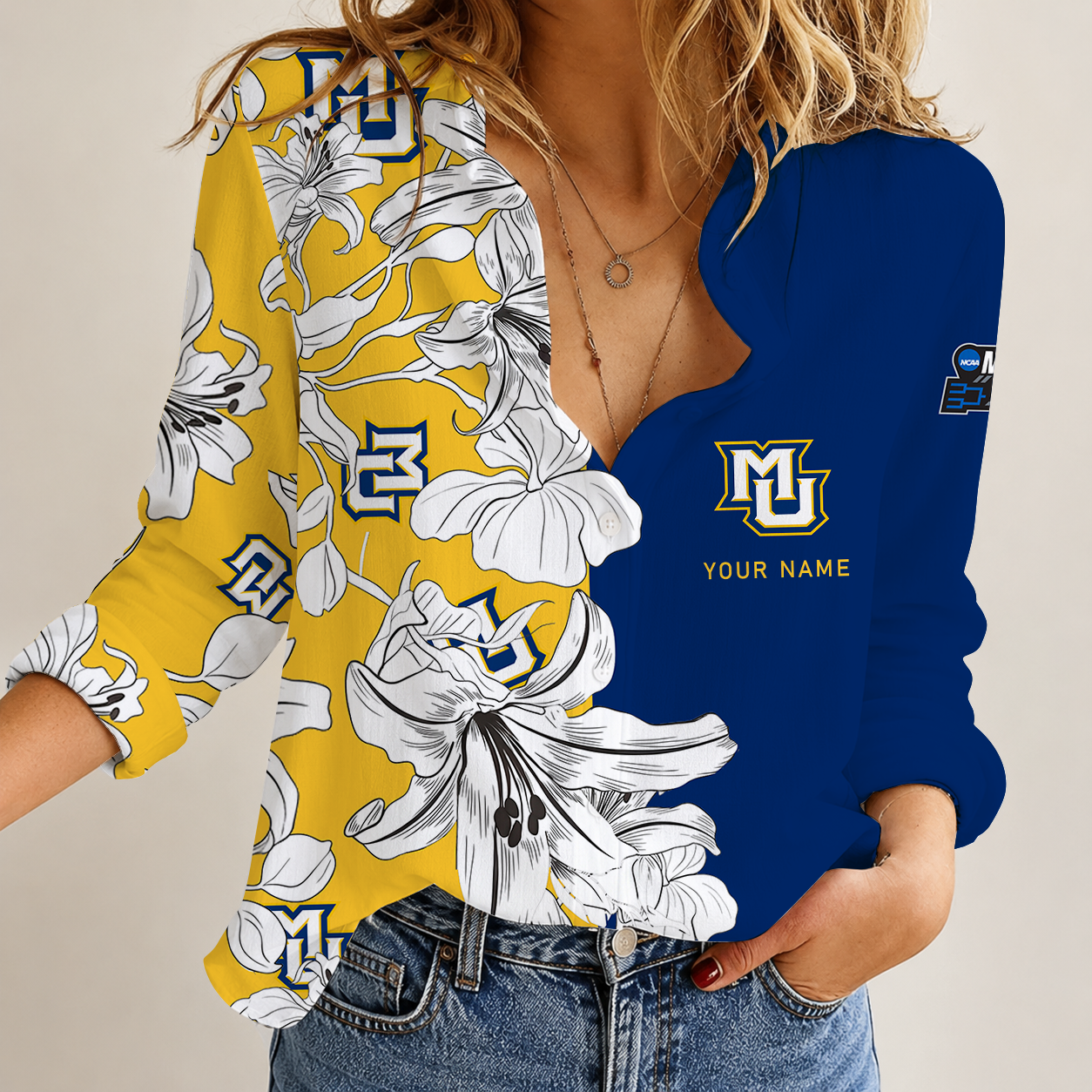 [FAN FAVORITE] NEW CUSTOMIZED NCAA MAM17 MGE MARQUETTE GOLDEN EAGLES STRAPPY WOMEN CASUAL SHIRT