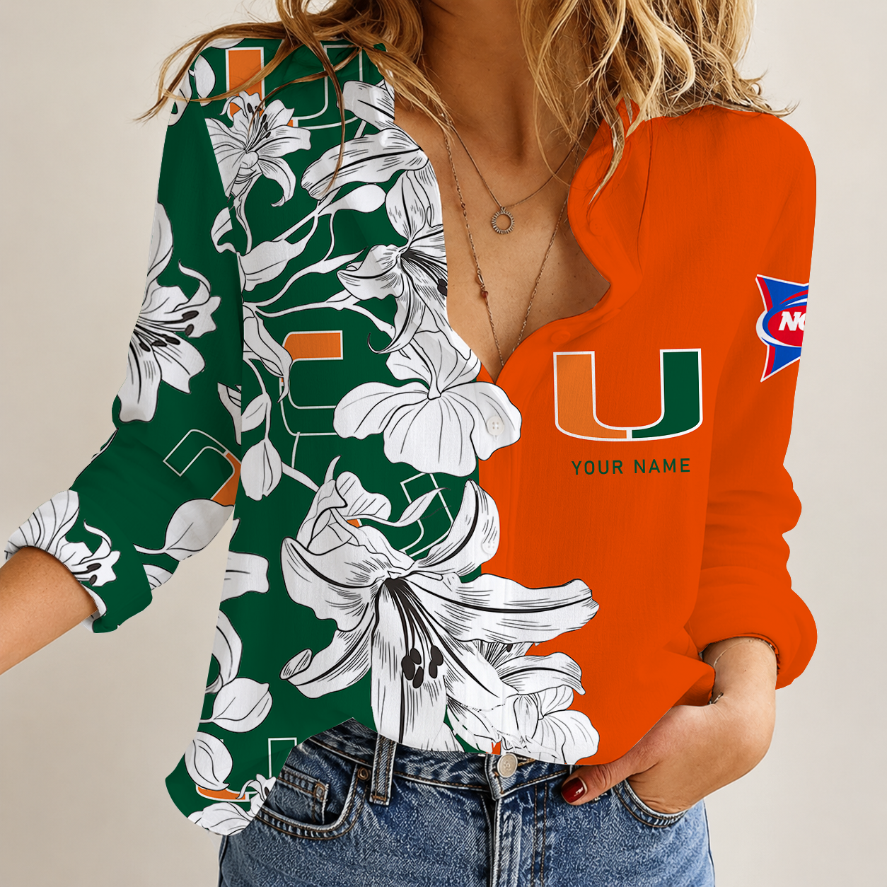 [FAN FAVORITE] NEW CUSTOMIZED NCAA FBS17 MIH MIAMI HURRICANES WOMEN CASUAL SHIRT