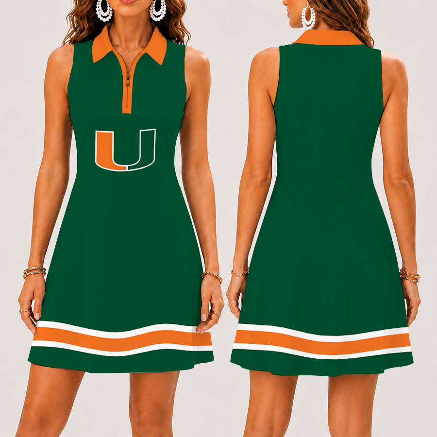 [FAN FAVORITE] NEW CUSTOMIZED NCAA FBS17 MIH MIAMI HURRICANES WOMEN'S ZIP SLEEVELESS POLO DRESS