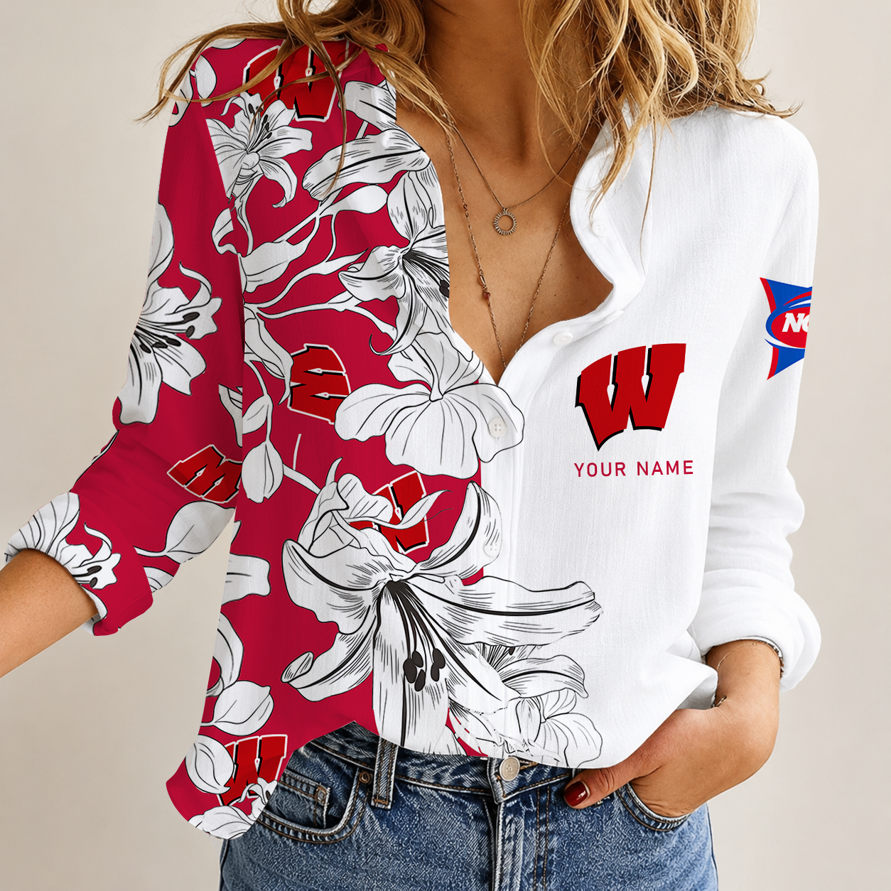 [FAN FAVORITE] NEW CUSTOMIZED NCAA FBS18 WSB WISCONSIN BADGERS WOMEN CASUAL SHIRT