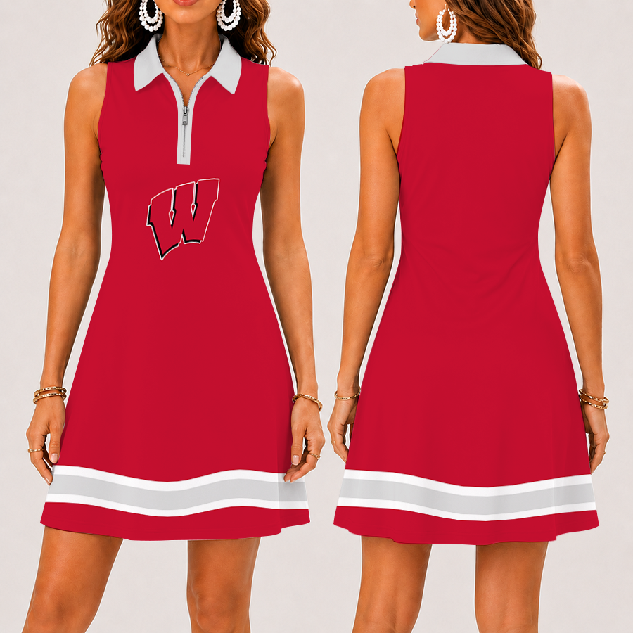 [FAN FAVORITE] NEW CUSTOMIZED NCAA FBS18 WSB WISCONSIN BADGERS WOMEN'S ZIP SLEEVELESS POLO DRESS