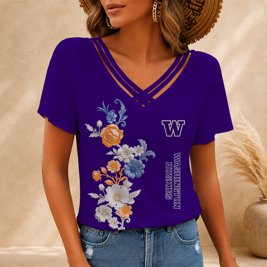[FAN FAVORITE] NEW CUSTOMIZED NCAA FBS19 WSH WASHINGTON HUSKIES V-NECK SHIRT