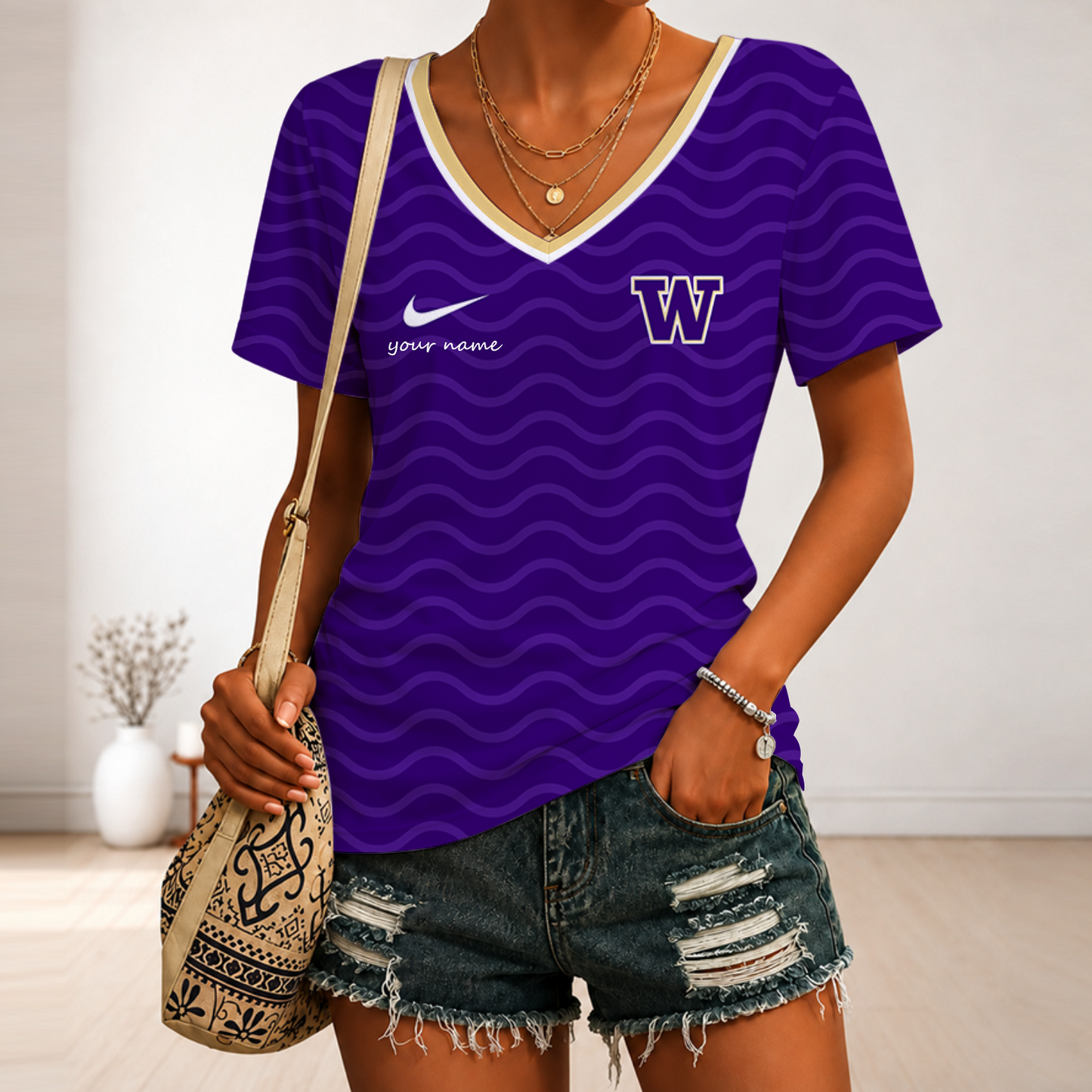 [FAN FAVORITE] NEW CUSTOMIZED NCAA FBS19 WSH WASHINGTON HUSKIES V-NECK FEMALE SHIRT