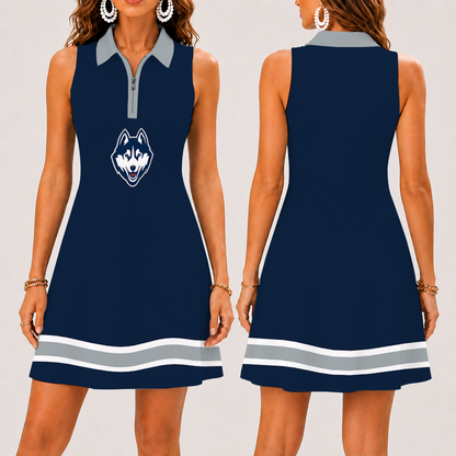 [FAN FAVORITE] NEW CUSTOMIZED NCAA MAM21 UCH UCONN HUSKIES STRAPPY WOMEN'S ZIP SLEEVELESS POLO DRESS