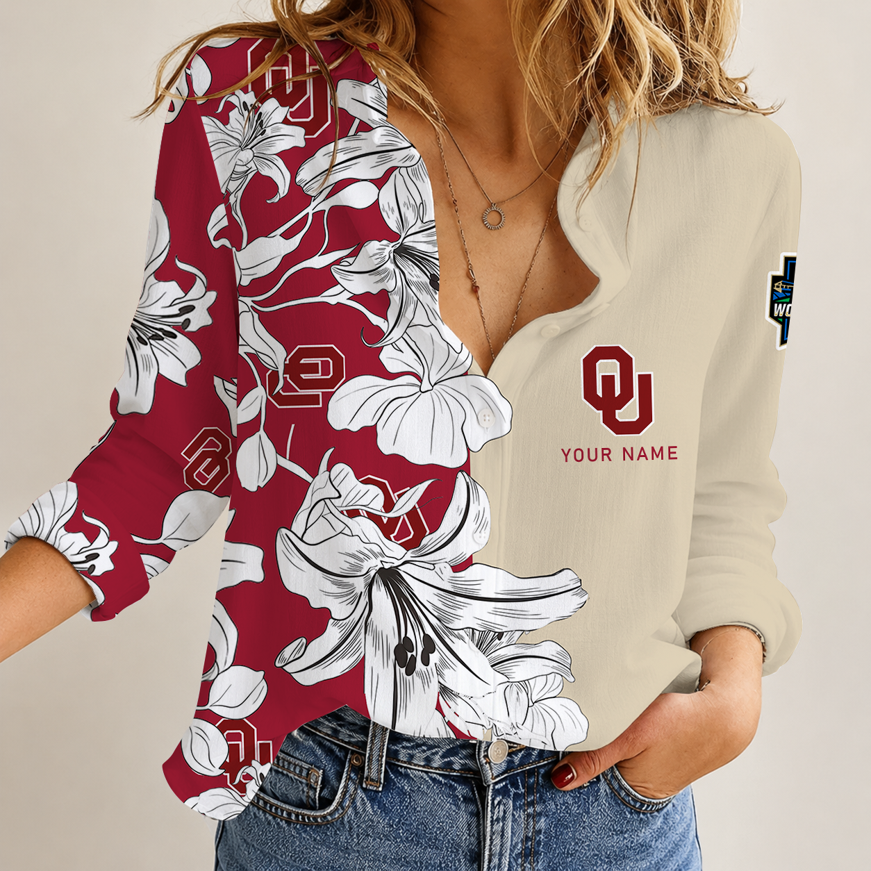 [FAN FAVORITE] NEW CUSTOMIZED NCAA CWS22 OUS OKLAHOMA SOONERS WOMEN CASUAL SHIRT