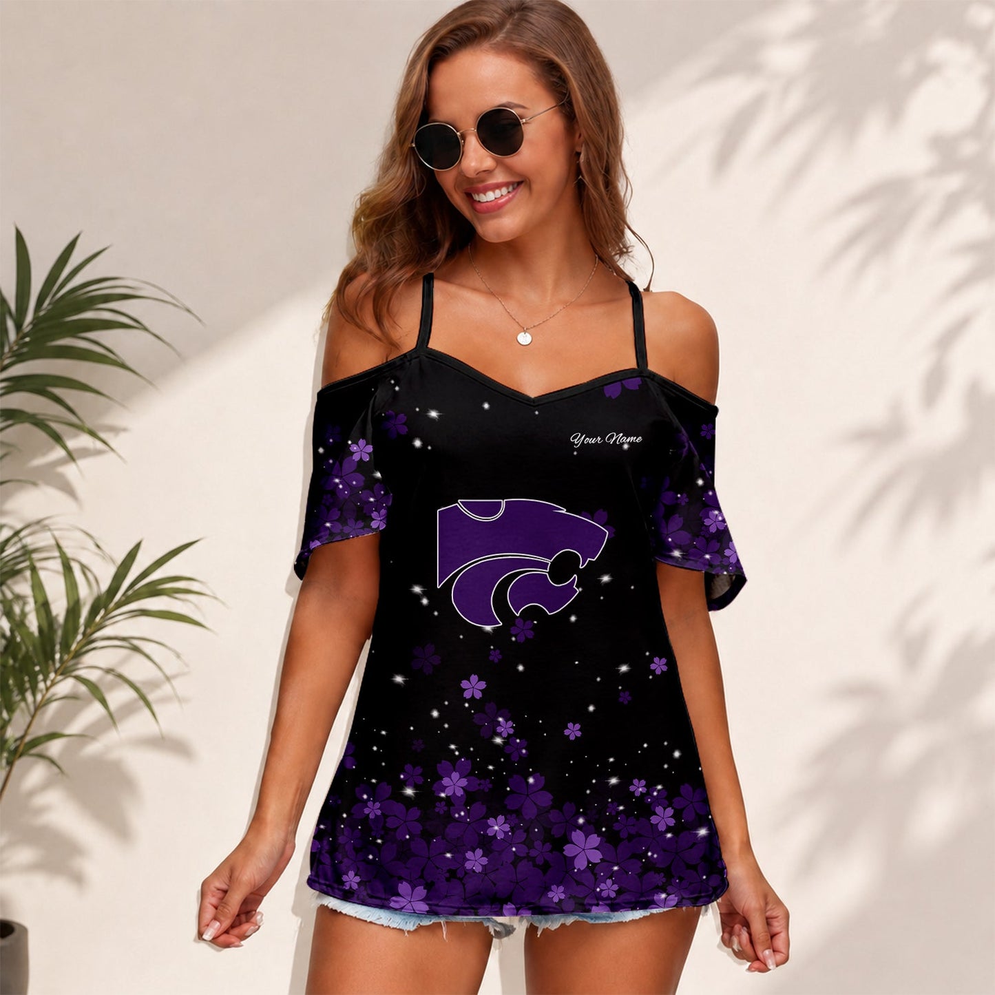 [FAN FAVORITE] NEW CUSTOMIZED NCAA FBS24 KSW KANSAS STATE WILDCATS WOMEN'S STRAPPY OFF-SHOULDER TOP
