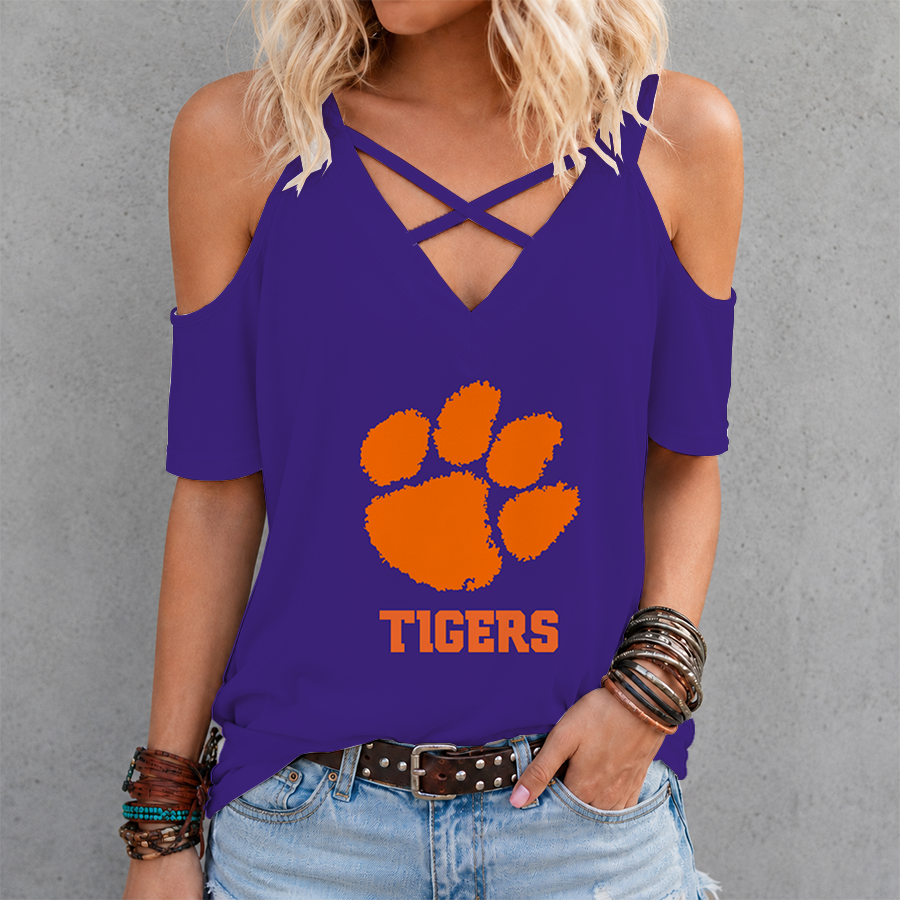 [FAN FAVORITE] NEW CUSTOMIZED NCAA CWS25 CST CLEMSON TIGERS CRISS CROSS V-NECK TOP
