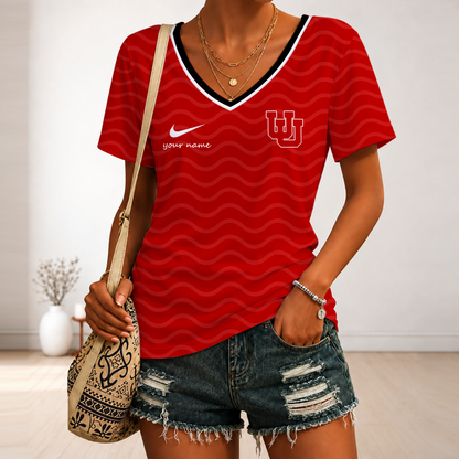 [FAN FAVORITE] NEW CUSTOMIZED NCAA FBS25 UTU UTAH UTES V-NECK FEMALE SHIRT